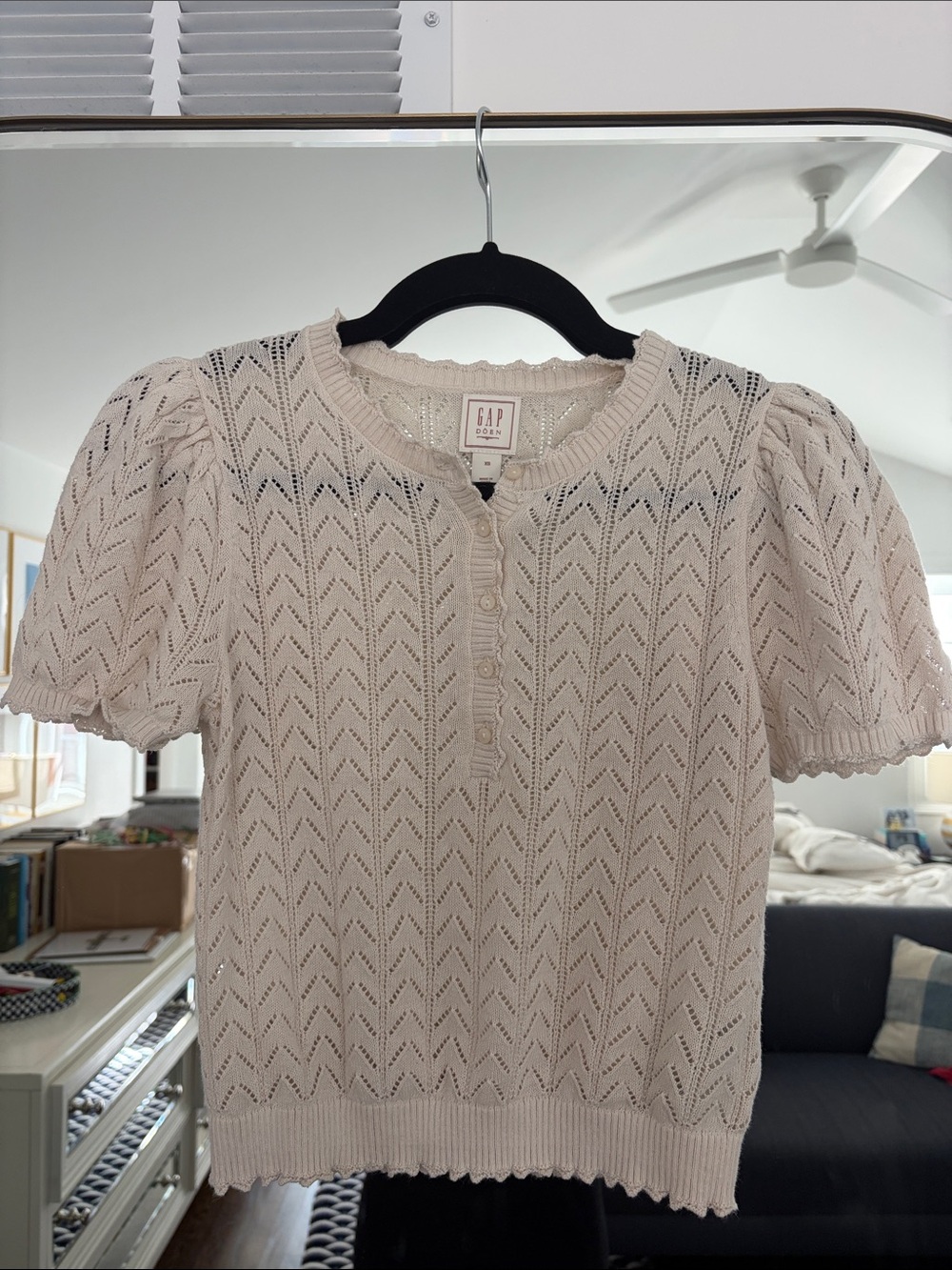 GAP Cream Eyelet Puff-Sleeve Henley Top